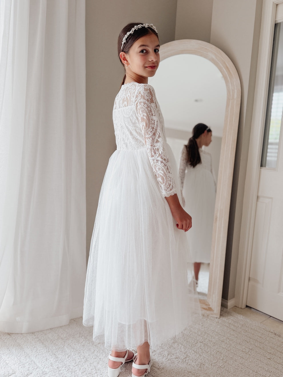 long sleeve lace dress in soft white for First Holy Communion