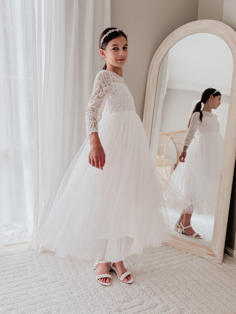 Estelle Girls White Long Sleeve Dress - A Little Lacey