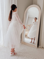 Estelle Girls White Long Sleeve Dress - A Little Lacey