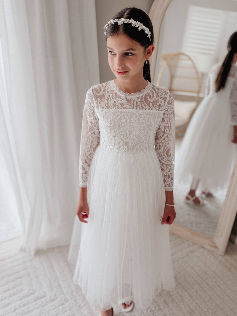 Estelle Girls White Long Sleeve Dress - A Little Lacey