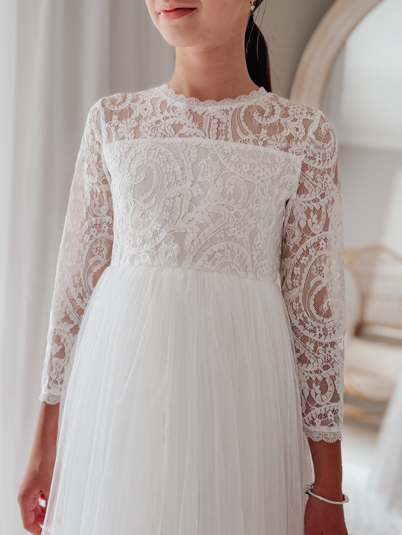 Estelle Girls White Long Sleeve Dress - A Little Lacey
