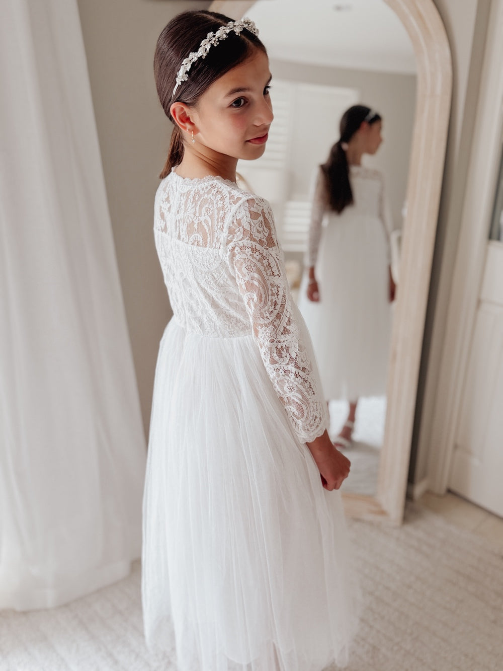 Girls white lace communion dress long length with long sleeves