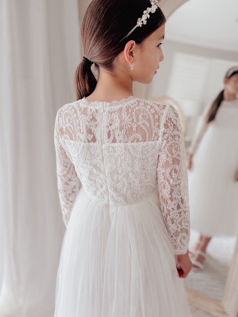 long sleeve lace dress in soft white for First Holy Communion