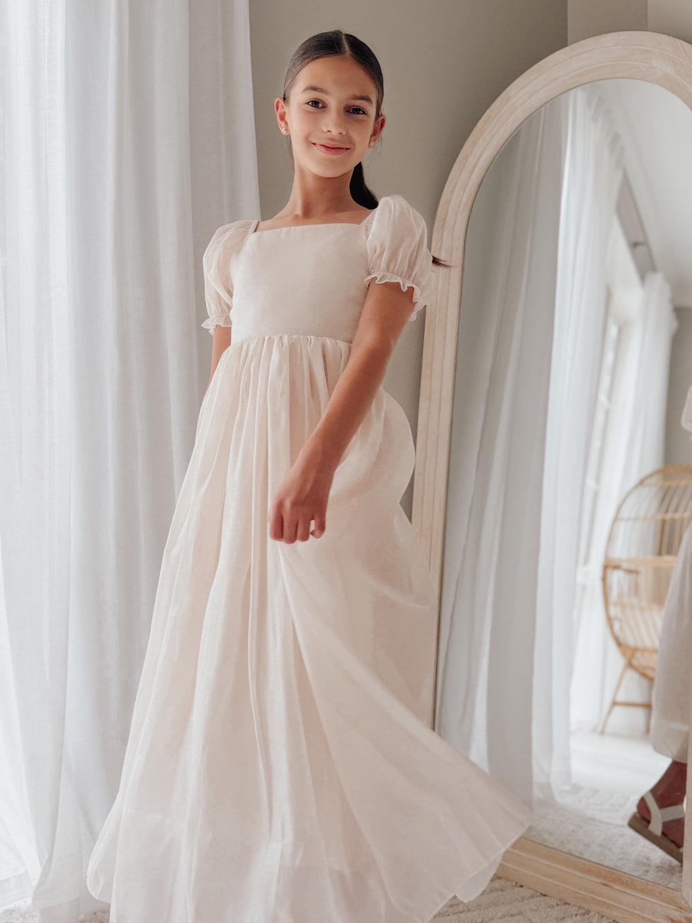 Esther girls dress in soft champagne shimmer fabric
