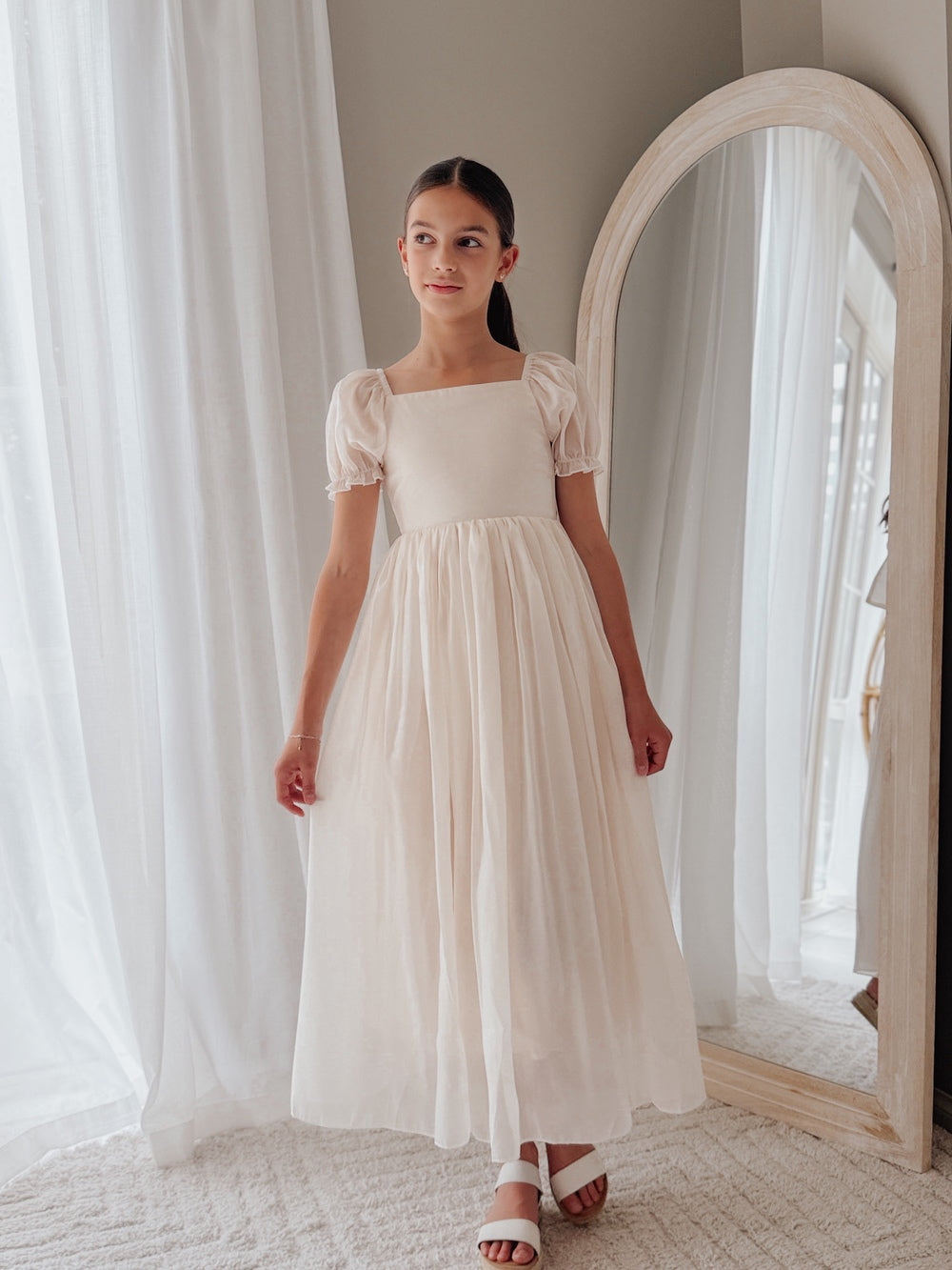 girls long formal dress champagne for weddings and communion