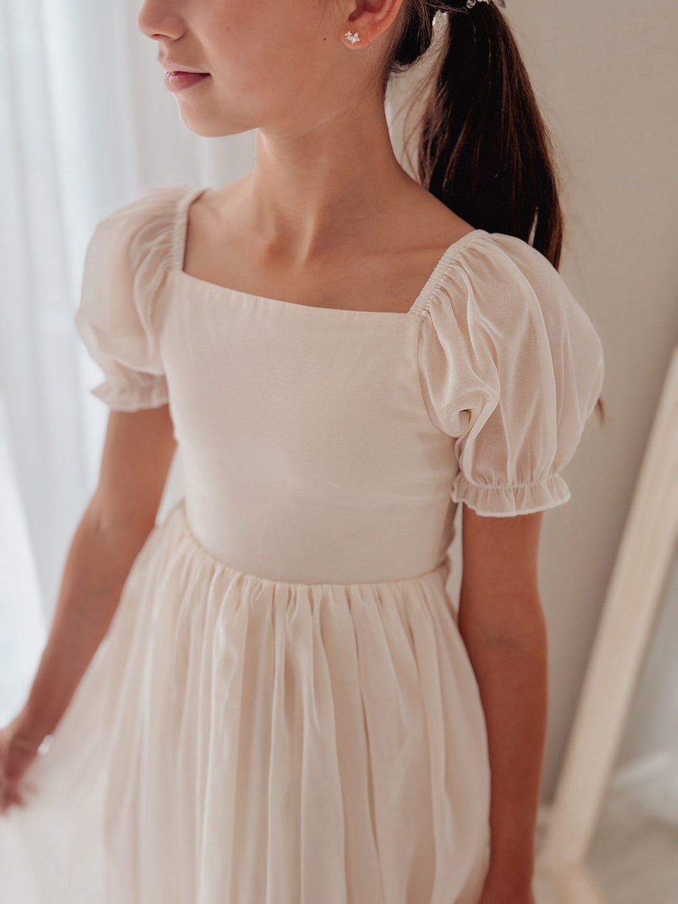 special occasion dress champagne shimmer fabric puff sleeve