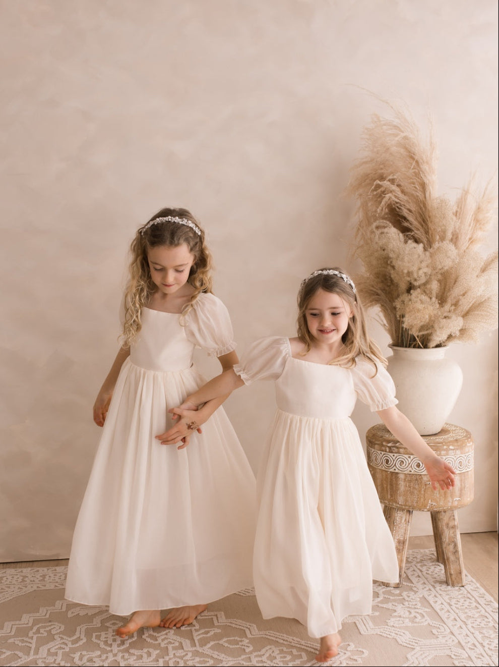 Esther champagne flower girl dress with puff sleeves