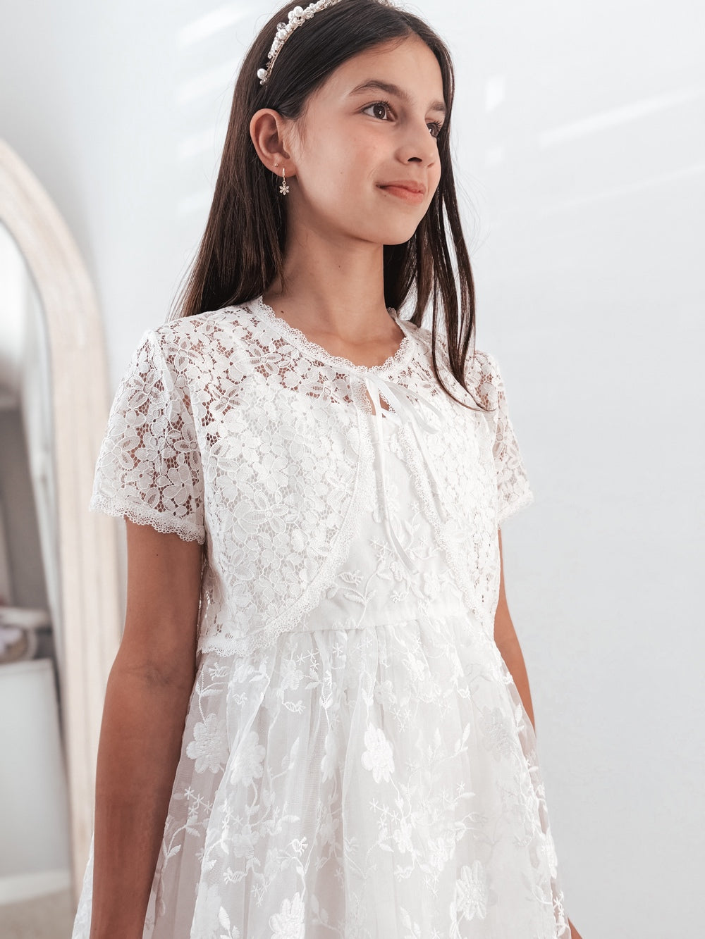 Communion dress with white lace jacket