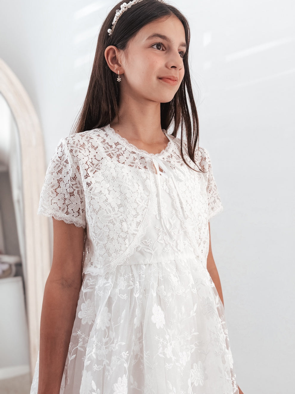 Communion dress with white lace jacket