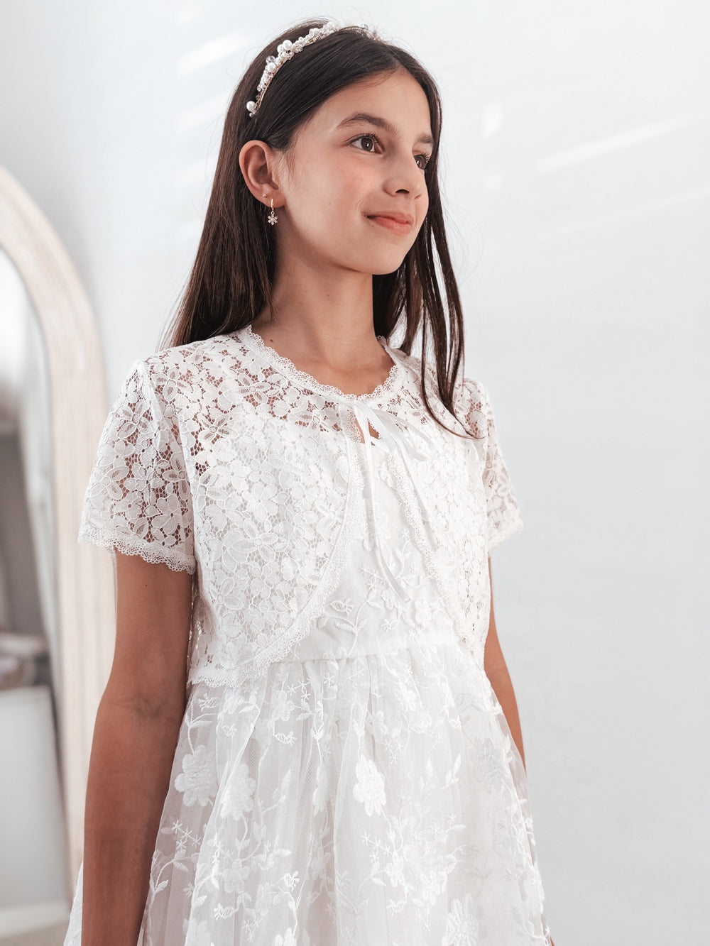 White cropped lace jacket for flower girls