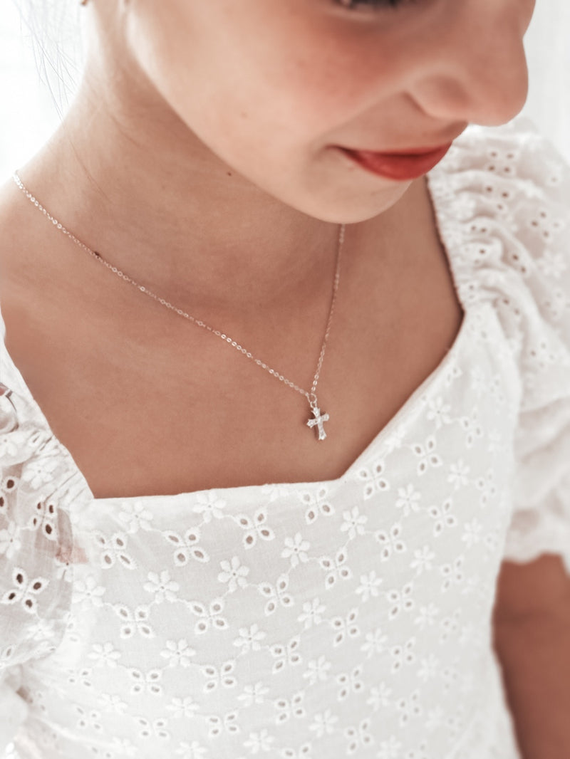 Evangeline Cross Girls Silver Necklace - A Little Lacey