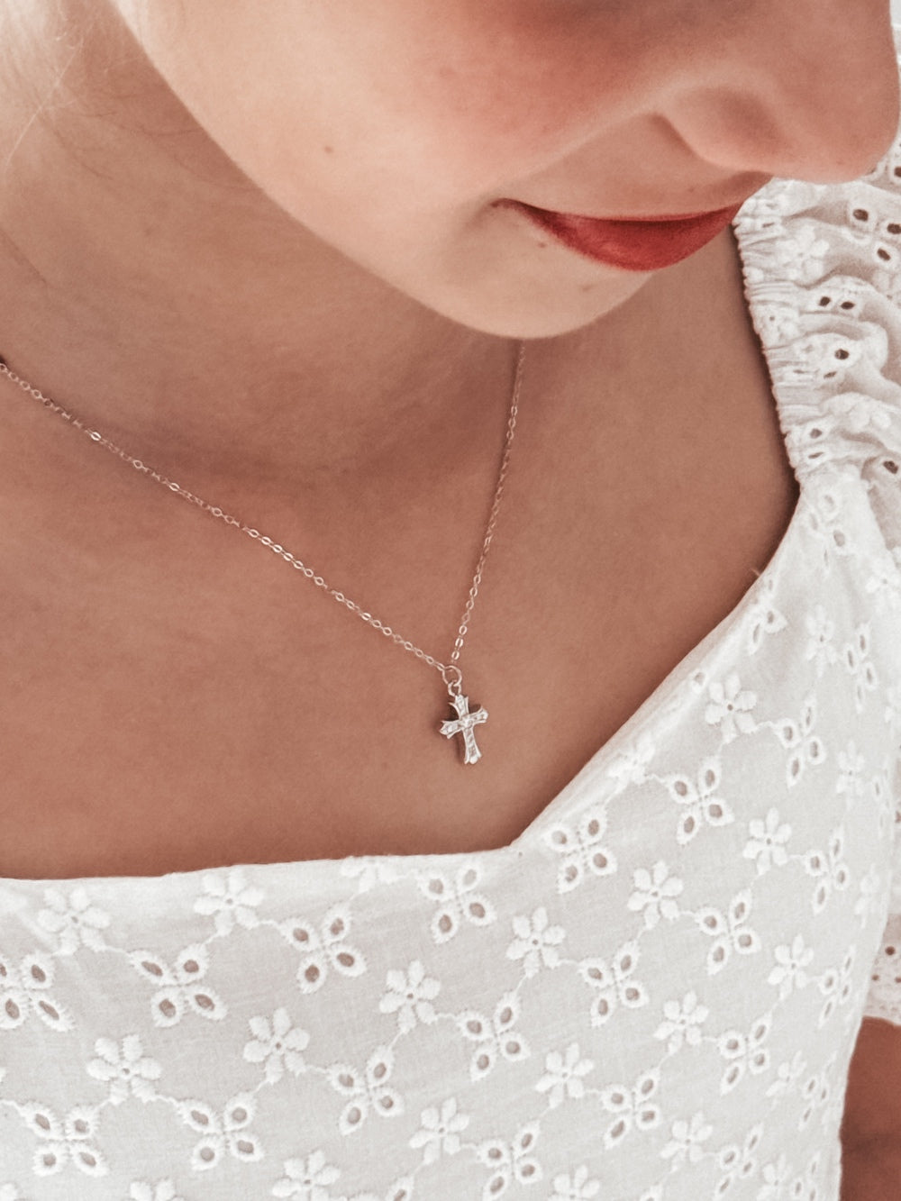 Evangeline Cross Girls Silver Necklace - A Little Lacey · Photo 3 of 5