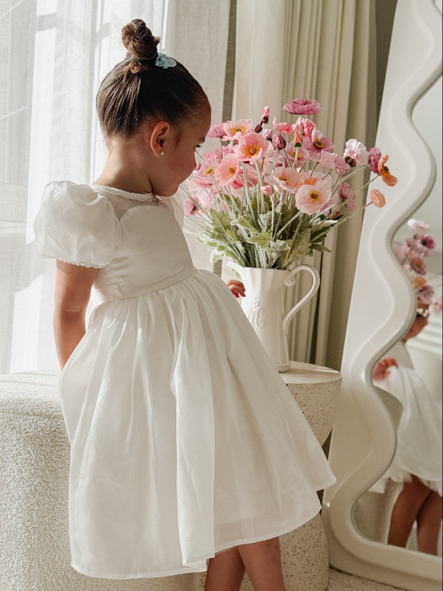 Evangeline white dress with pearlescent finish