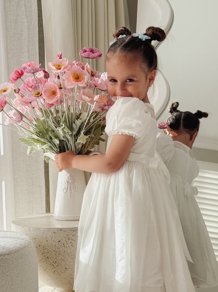 Evangeline Girls White Christening Dress with pearlescent shimmer