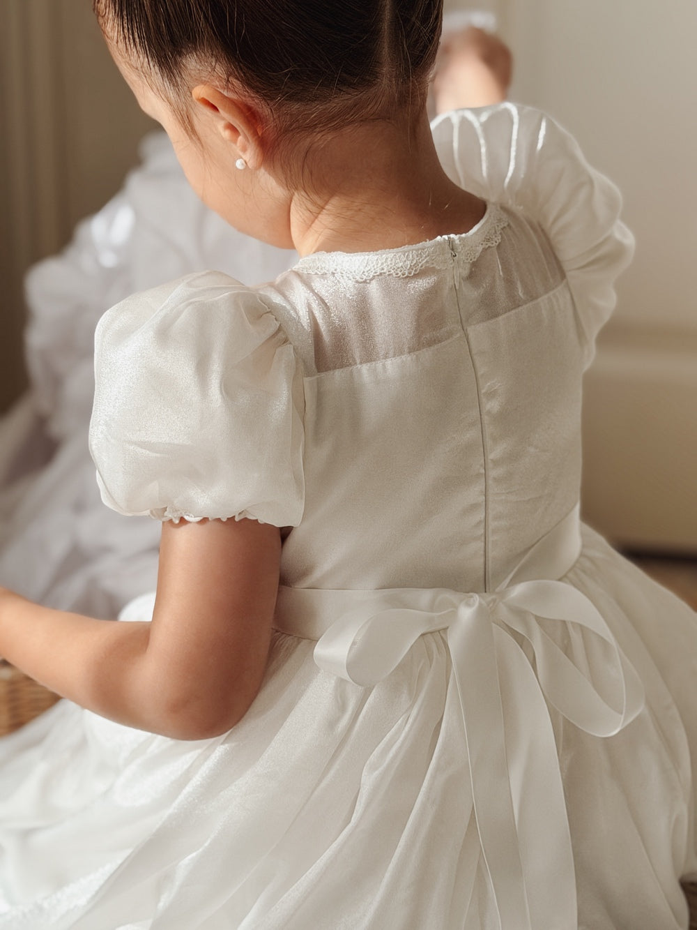 Girls White Christening Dress with puff sleeves