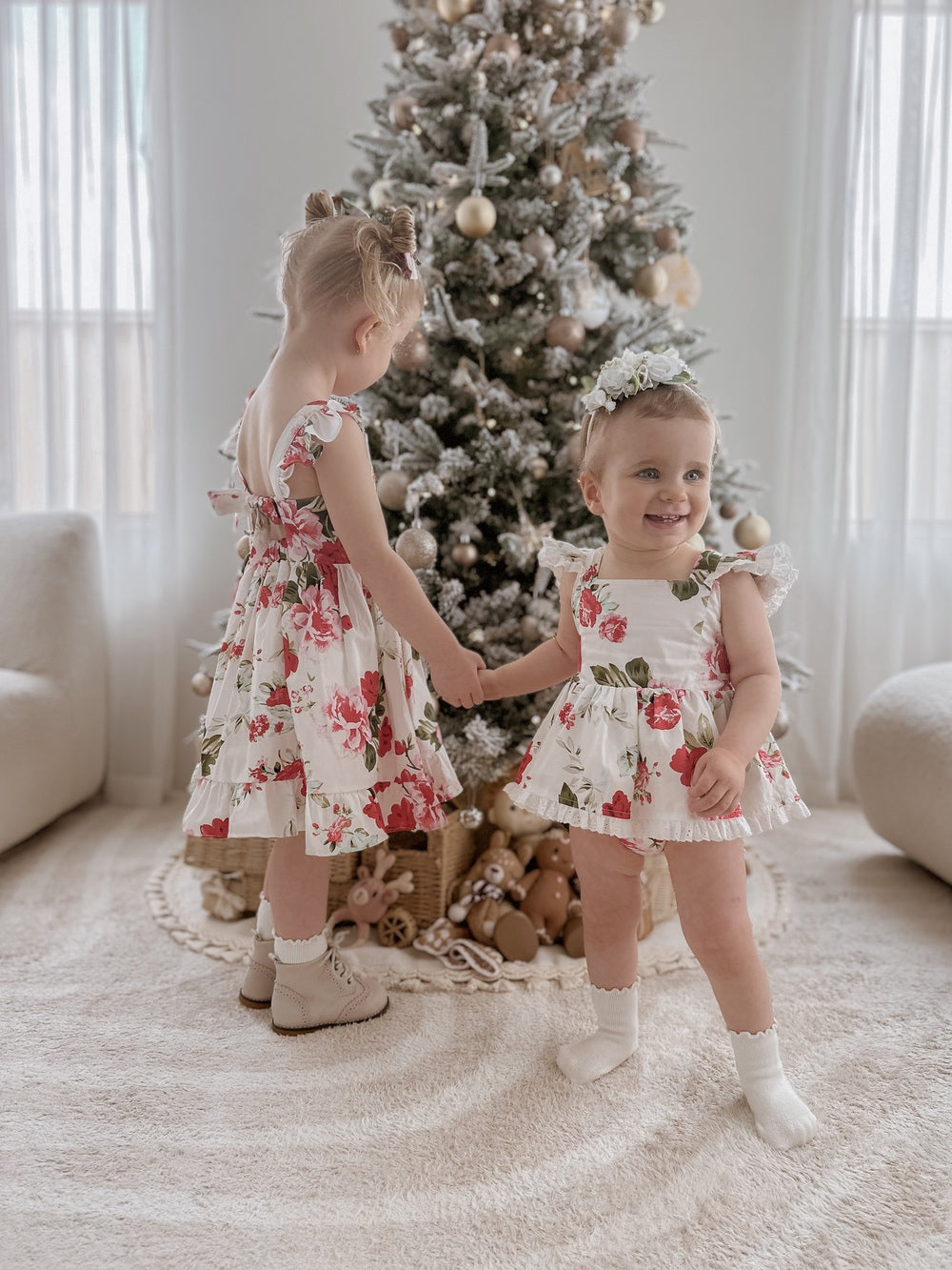 Broderie anglaise strap detail close-up on Faith Floral Christmas Romper