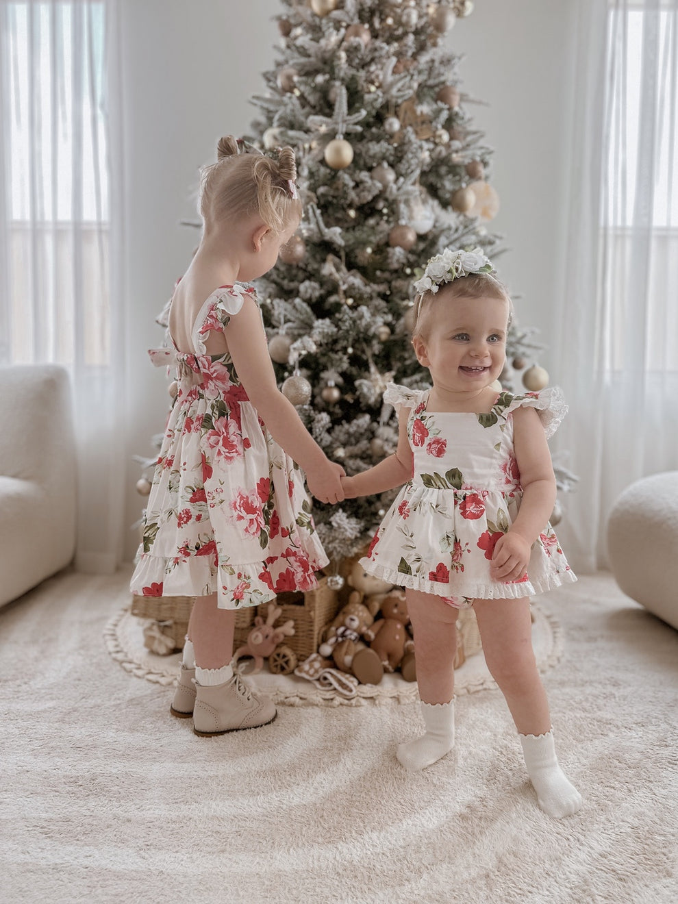 Broderie anglaise strap detail close-up on Faith Floral Christmas Romper