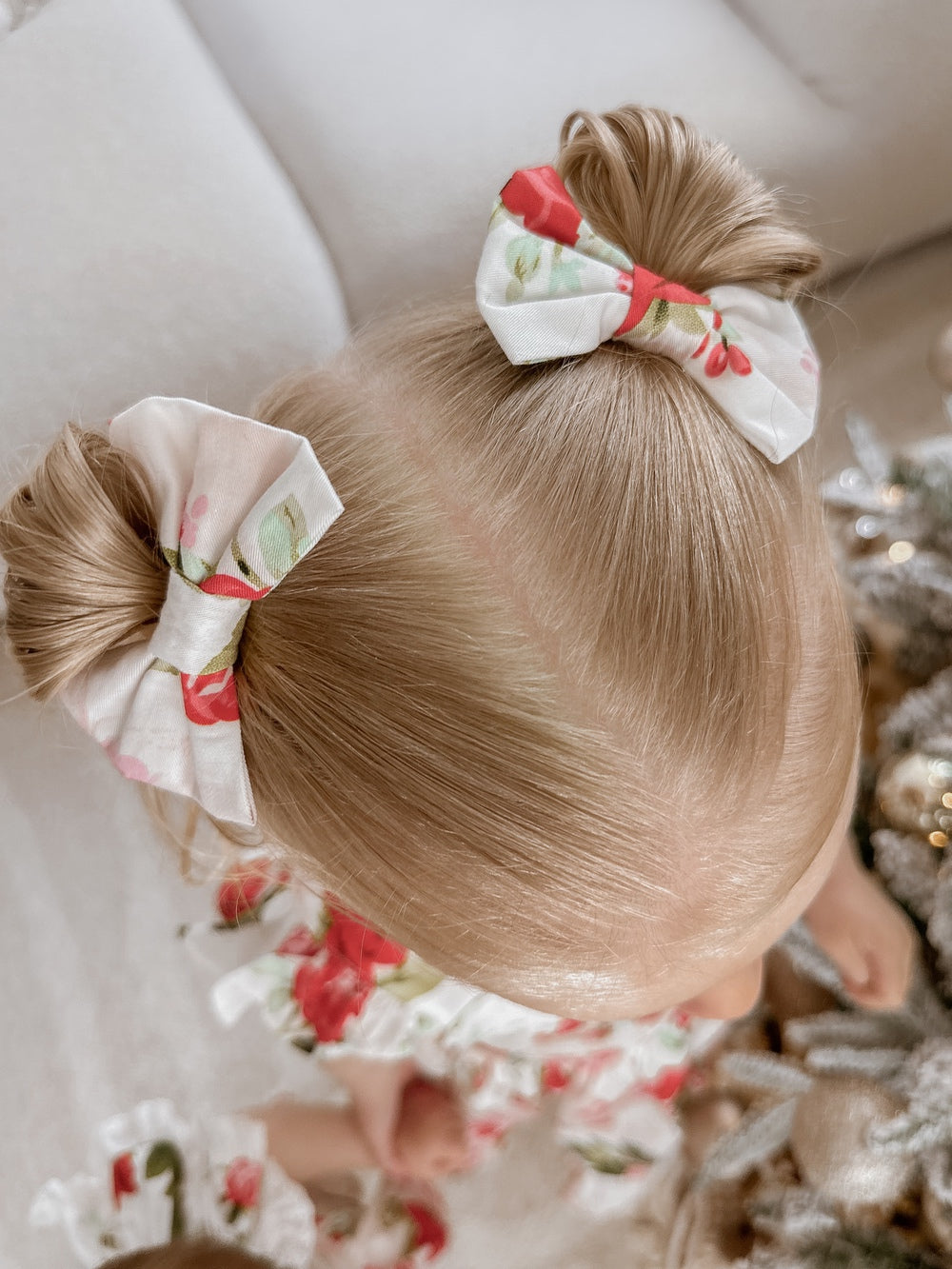 Faith Floral Pigtail Bows - Christmas Dresses and RompersSet of two Faith pigtail bows in festive floral print on white background