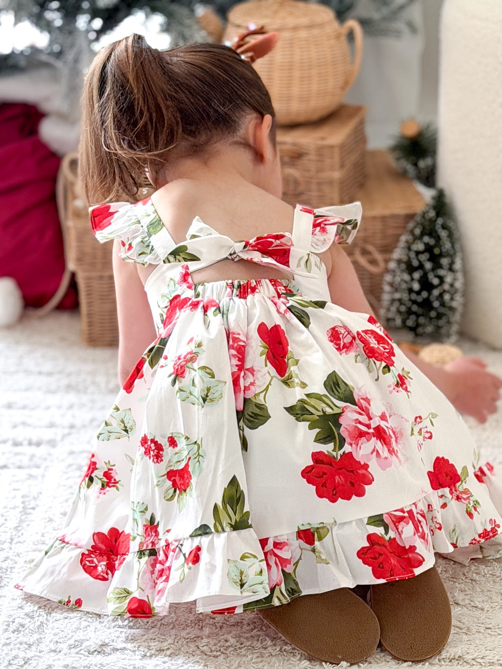Faith Girls Christmas Rose Dress - Christmas Dresses and RompersMatching Christmas dresses for sisters with sweetheart neckline and tie-up backs