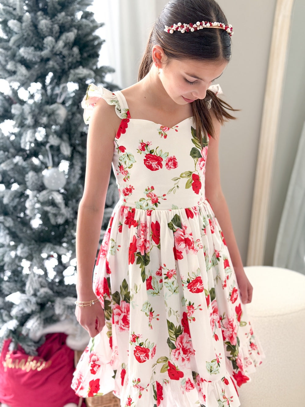 Faith Girls Christmas Rose Dress - Christmas Dresses and RompersTwo sisters wearing Faith Christmas Rose Dresses for Christmas Day celebration