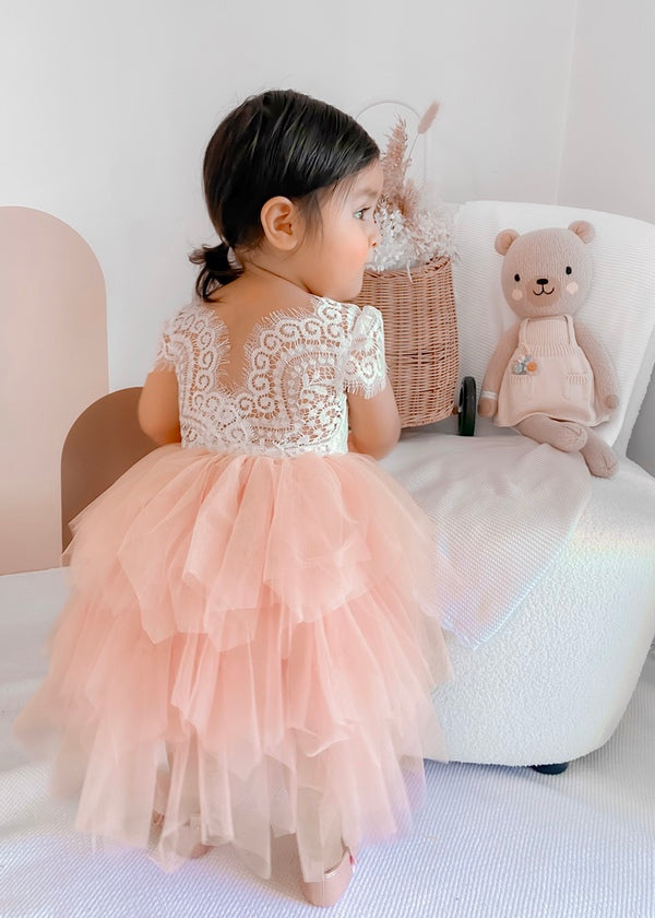 Felicity Capped Sleeve White and Pink Girls Dress - A Little Lacey