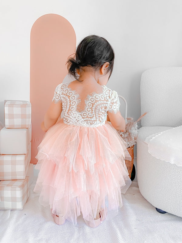 Felicity Capped Sleeve White and Pink Girls Dress - A Little Lacey