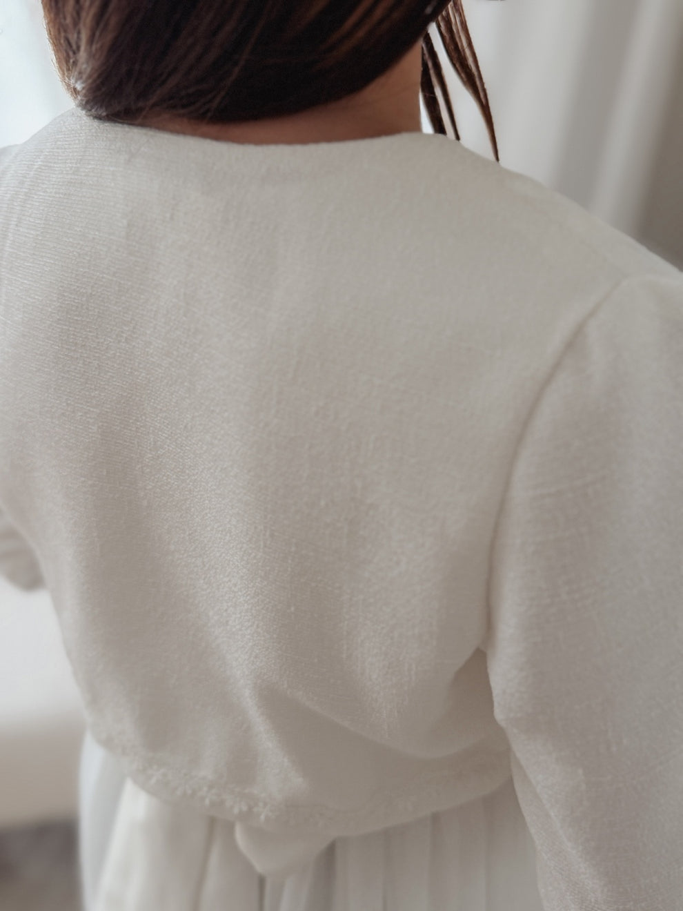 white textured jacket for girls wedding outfit