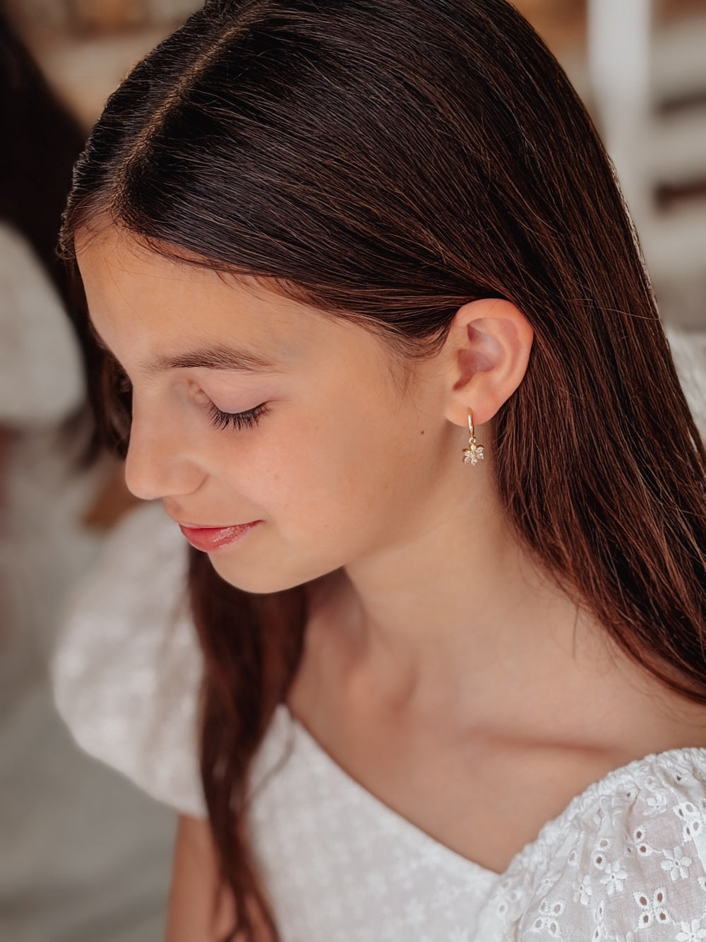 Close-up of Flower Girls Gold Hoop Earrings showing detailed flower charm