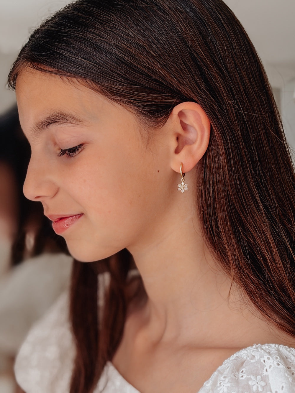 Front view of Flower Girls Gold Hoop Earrings – small gold hoops with floral design