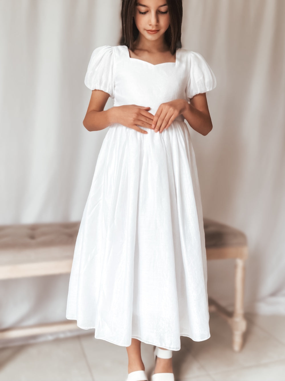 Gardenia white flower girl dress with puff sleeves