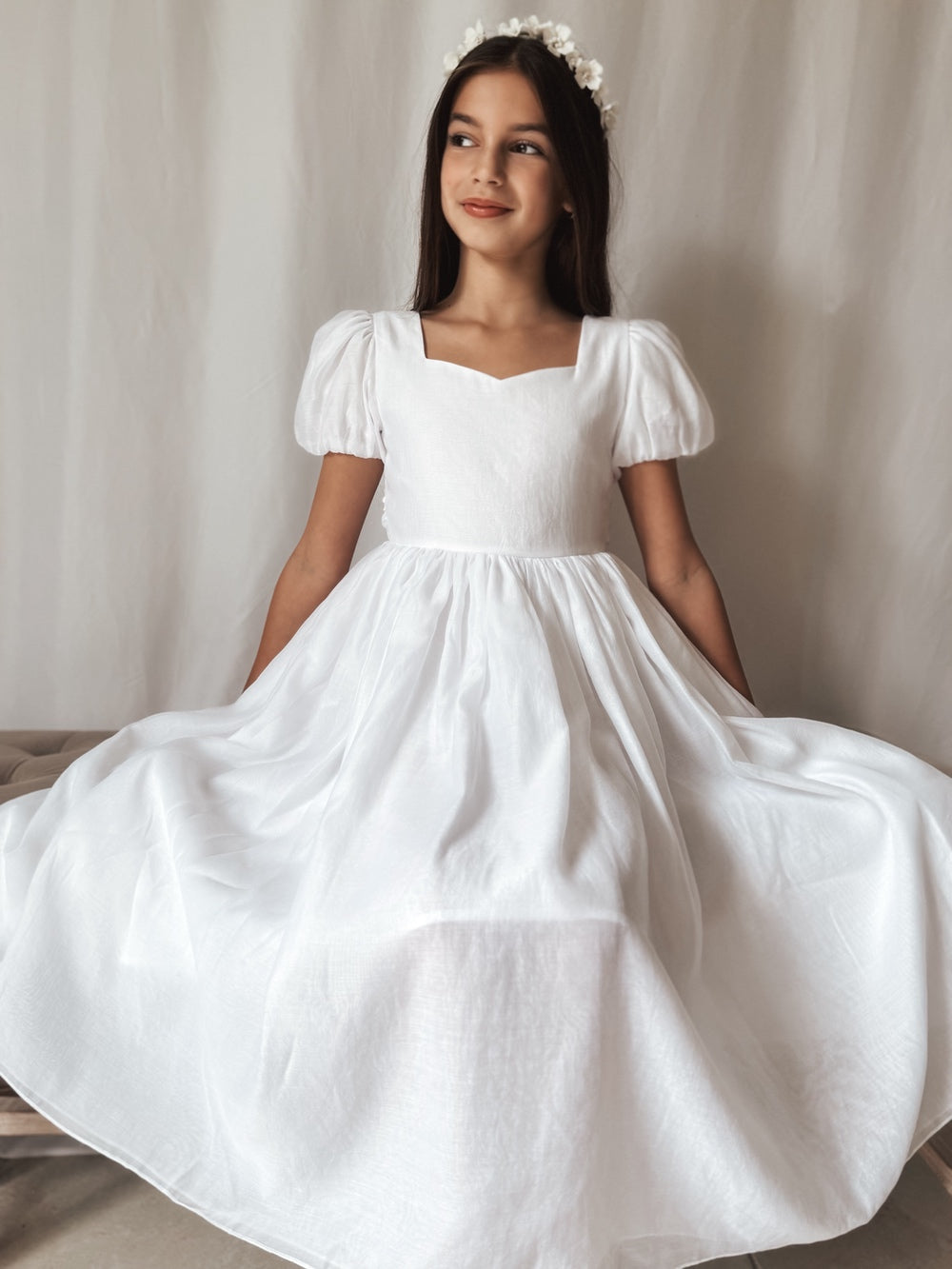 Gardenia white First Communion dress with tea length skirt and sweetheart neckline