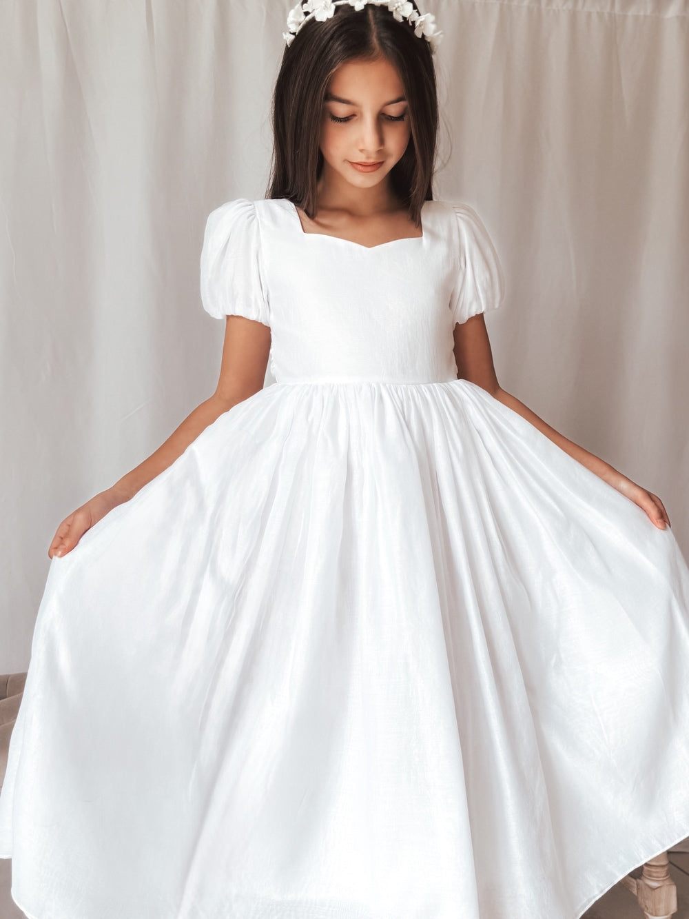 Tea-length skirt on Gardenia white Communion dress