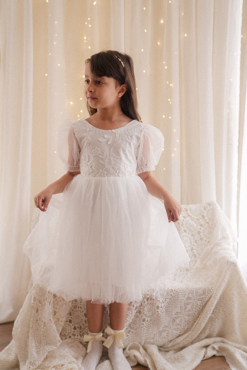 Gemma Puff Sleeve White Flower Girl Dress - A Little Lacey