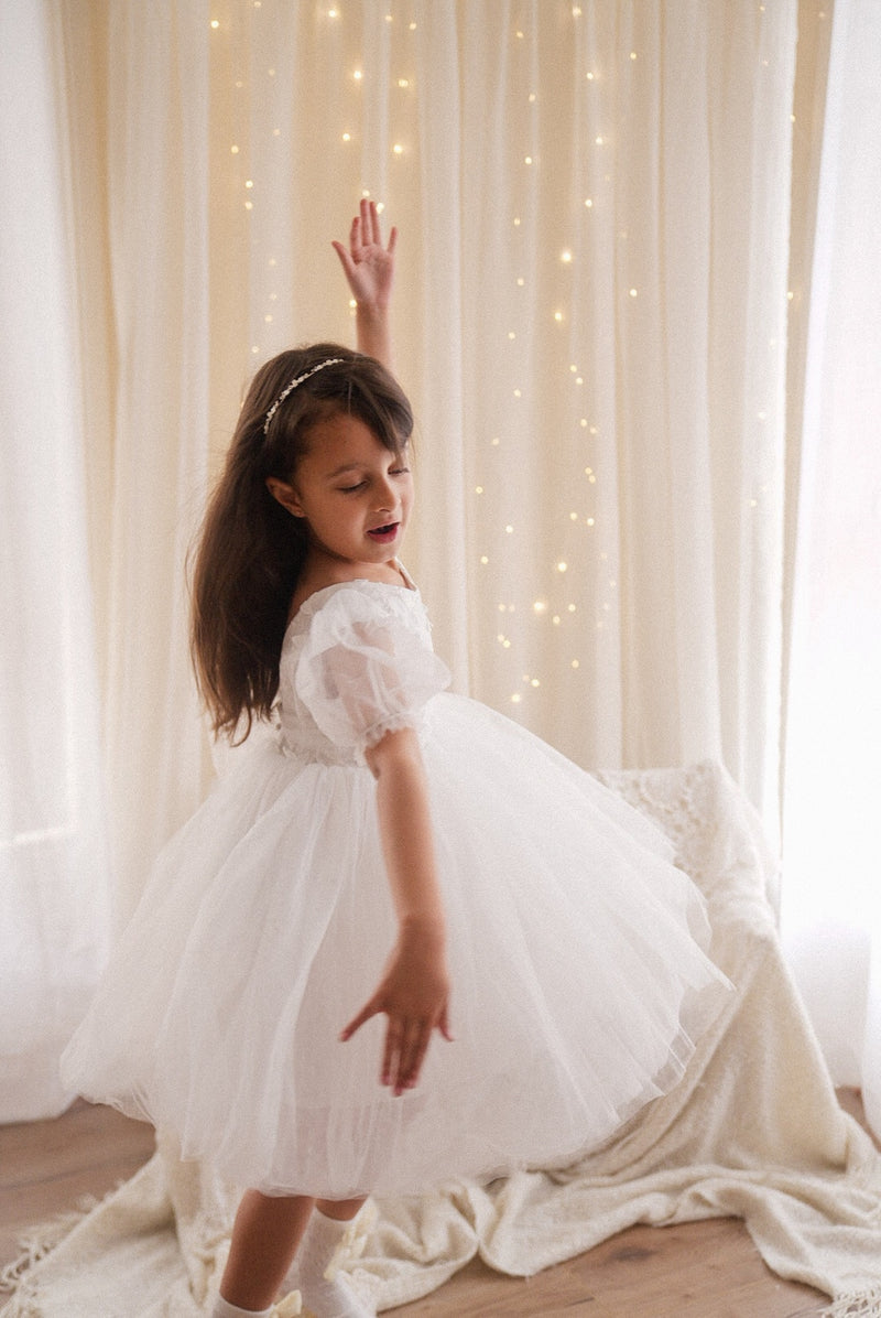 Gemma Puff Sleeve White Flower Girl Dress - A Little Lacey