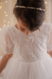 Gemma Puff Sleeve White Flower Girl Dress - A Little Lacey