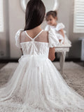 Luxury white flower girl dress with lace and tulle skirt