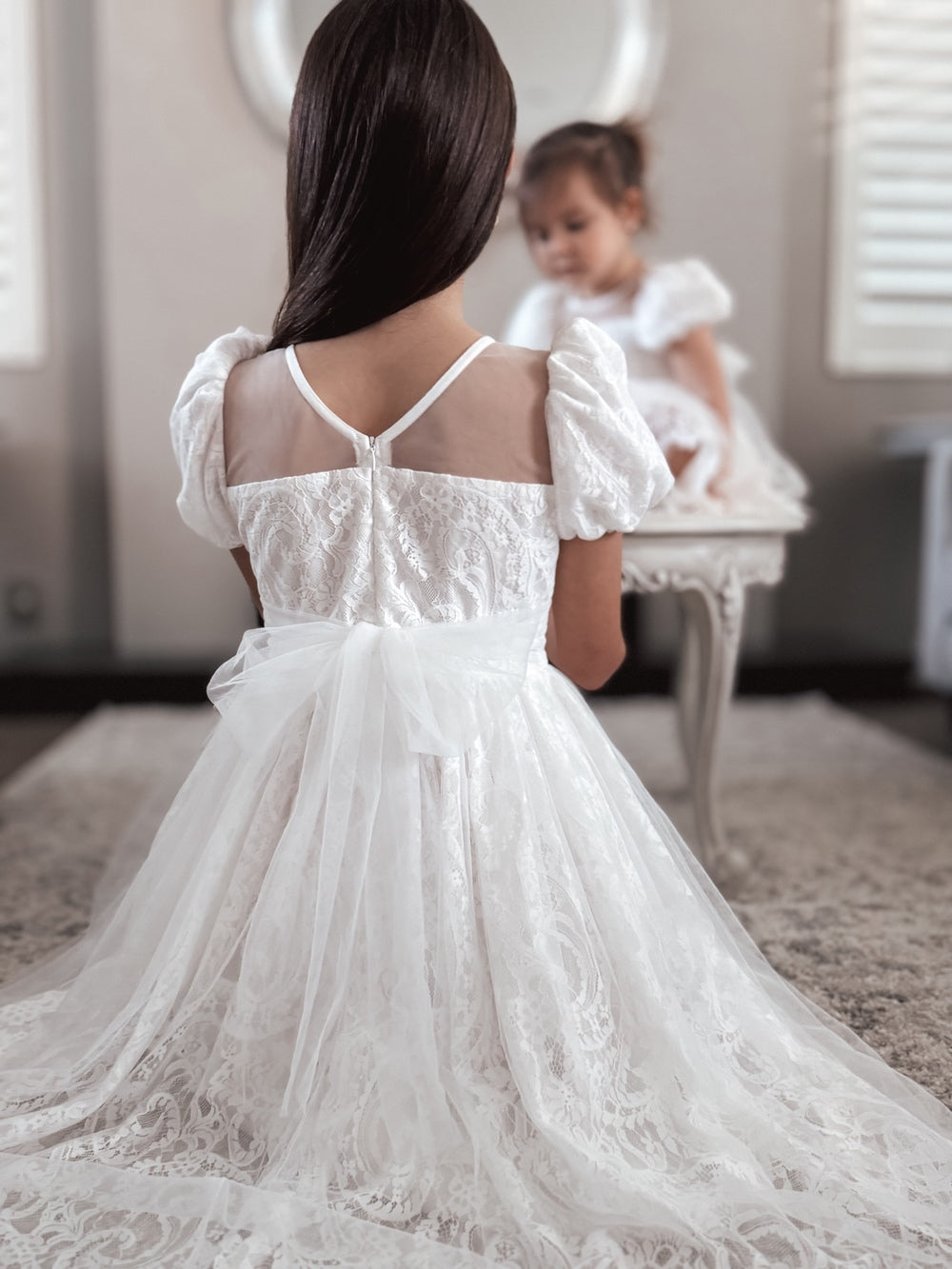 Luxury white flower girl dress with lace and tulle skirt