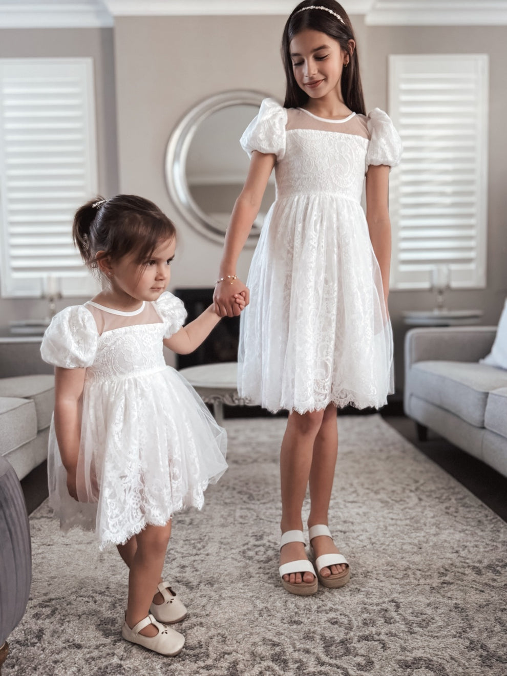 Girls luxury white lace dress with Dahlia flower headband