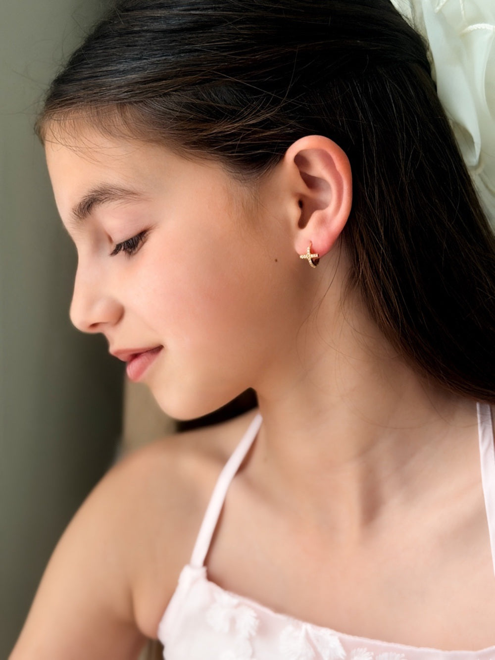Girls Gold Cross Earrings – 24K gold-plated sterling silver hoops with diamante cross charms by A Little Lacey