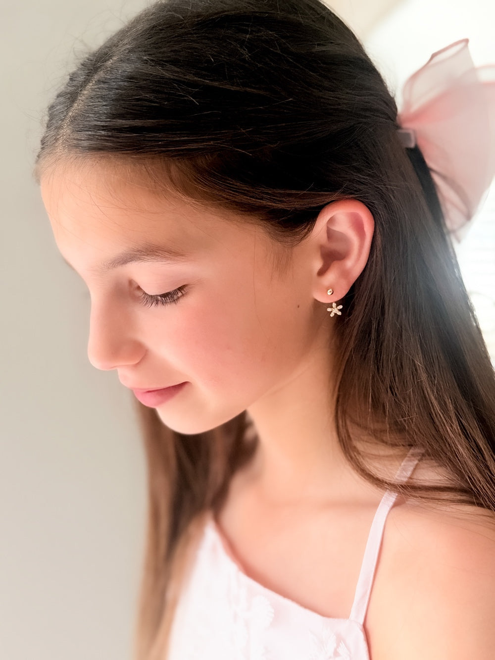 Girls Gold Flower Earrings – 24K gold-plated sterling silver hoops with floral diamante charms by A Little Lacey