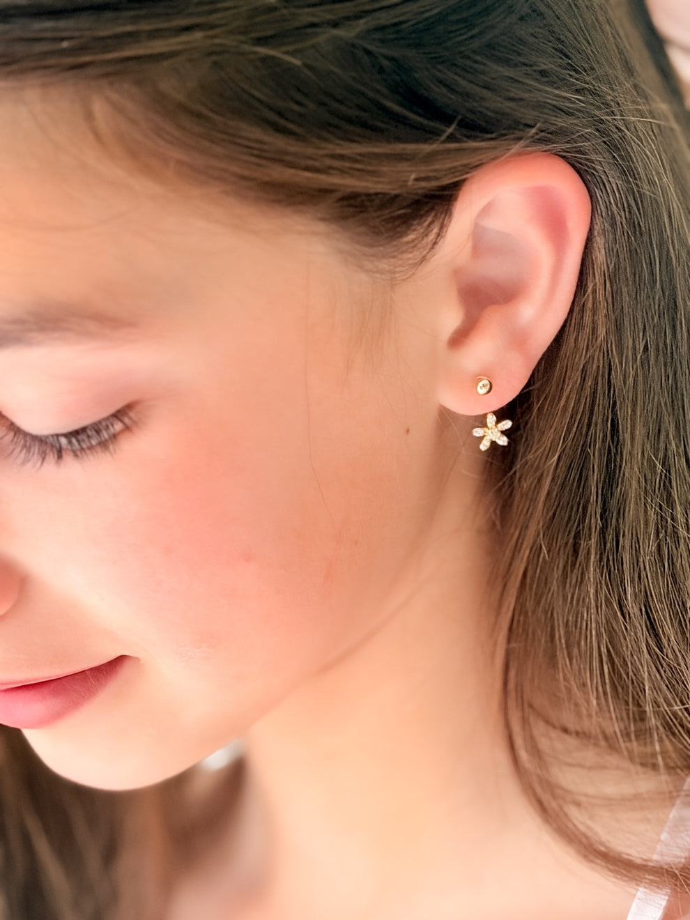 Close-up of Girls Gold Flower Earrings showing delicate flower charm with sparkling diamantes