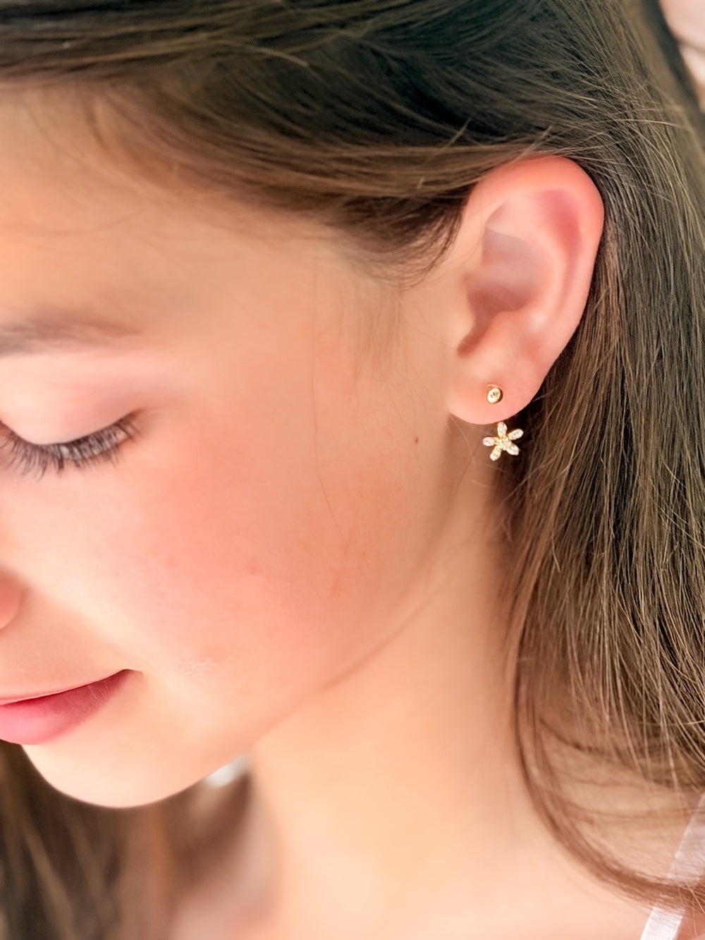 Girls Gold Flower Earrings - Girls and Babies JewelleryClose-up of Girls Gold Flower Earrings showing delicate flower charm with sparkling diamantes
