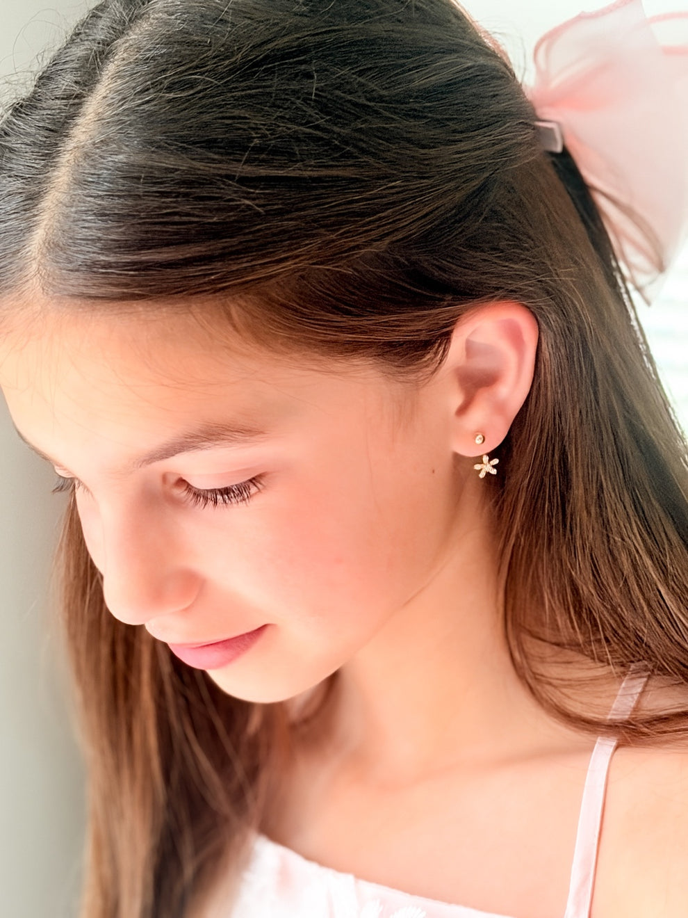 Side view of Girls Gold Flower Earrings – elegant gold hoops with crystal-encrusted floral pendants