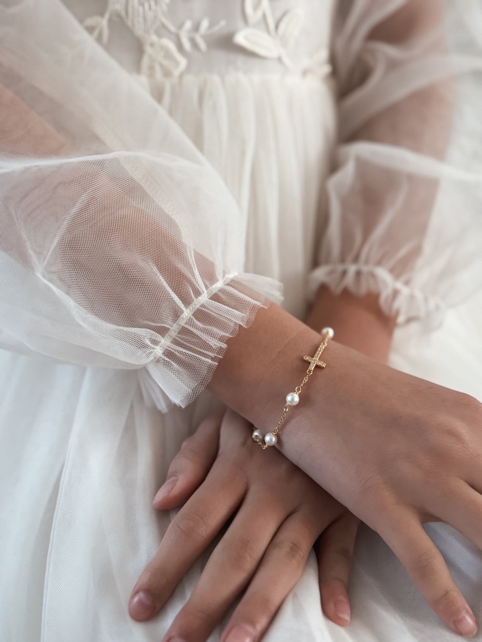 Gold Cross & Pearls Girls Bracelet - A Little Lacey · Photo 2 of 4