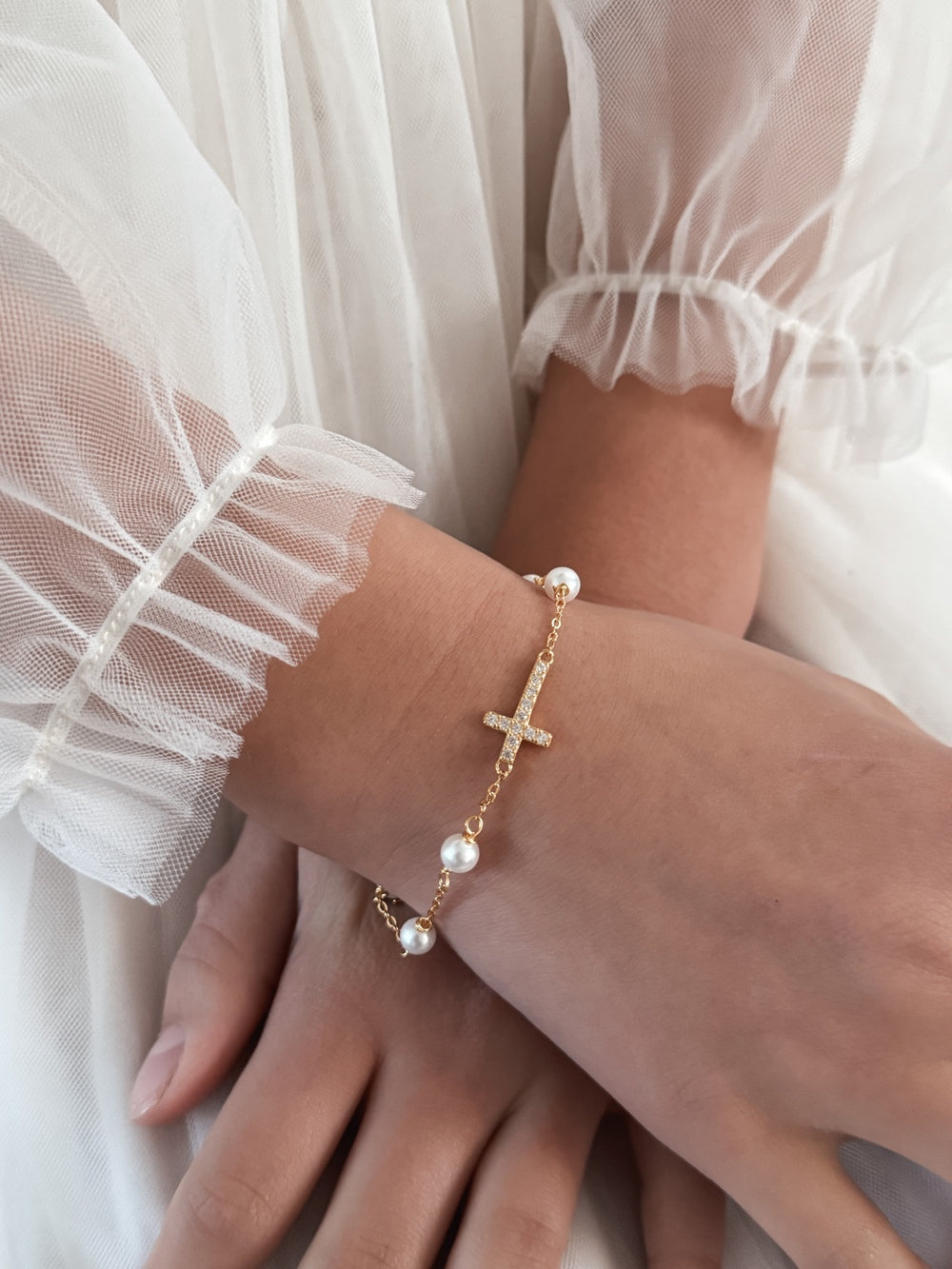 Gold Cross & Pearls Girls Bracelet