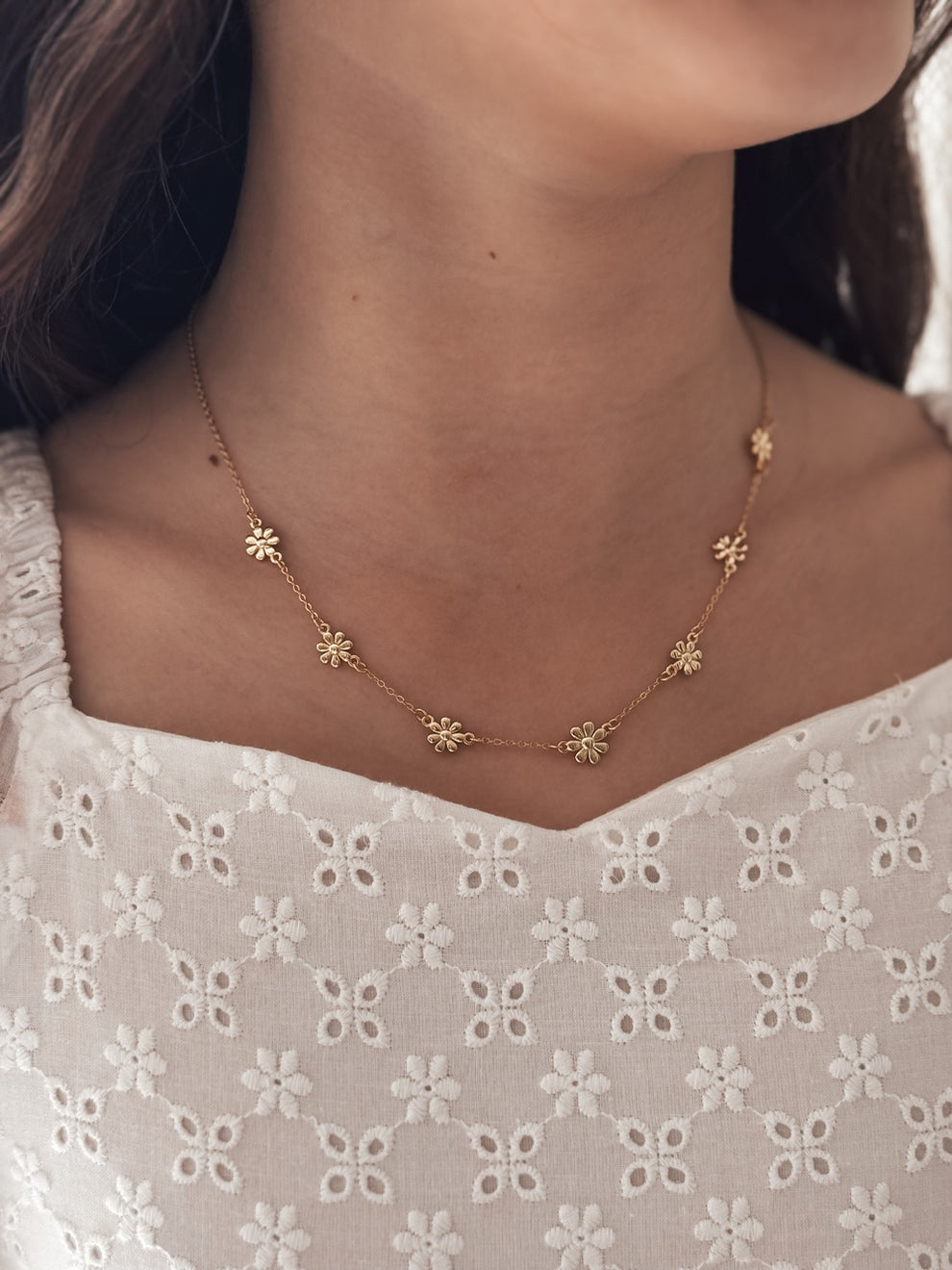 Golden Daisy Dreams Girls Necklace with daisy charms on gold chain