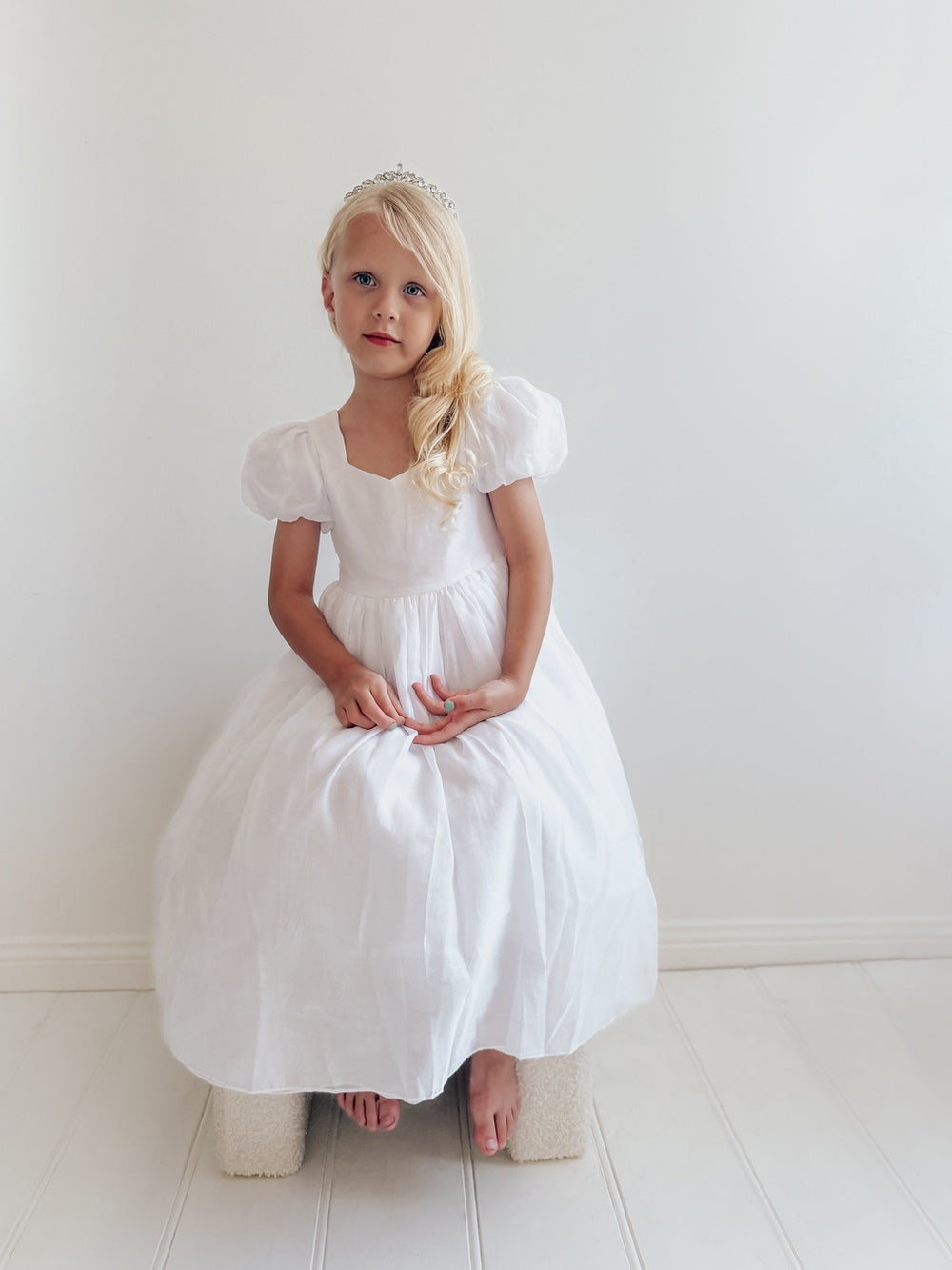 Gardenia flower girl dress styled with girls silver elowyn Tiara