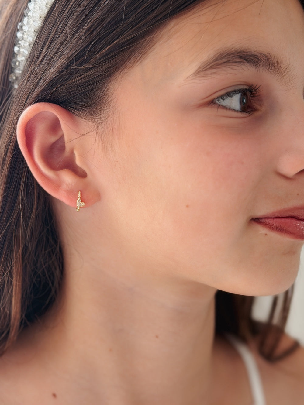 Girls gold hoop earrings with diamante heart charms