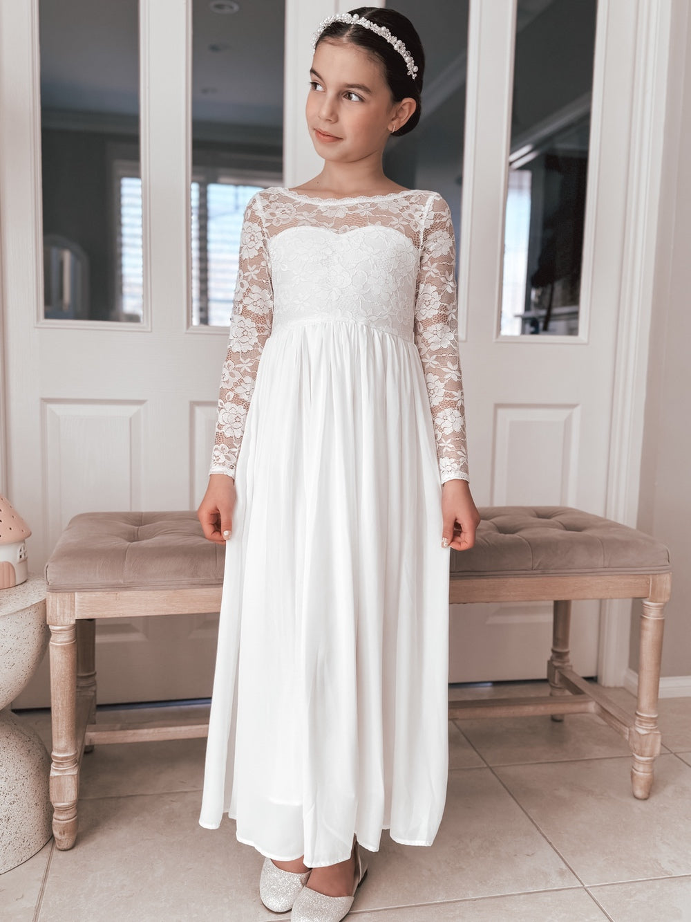 Hailey Girls Long Sleeve White Lace Dress