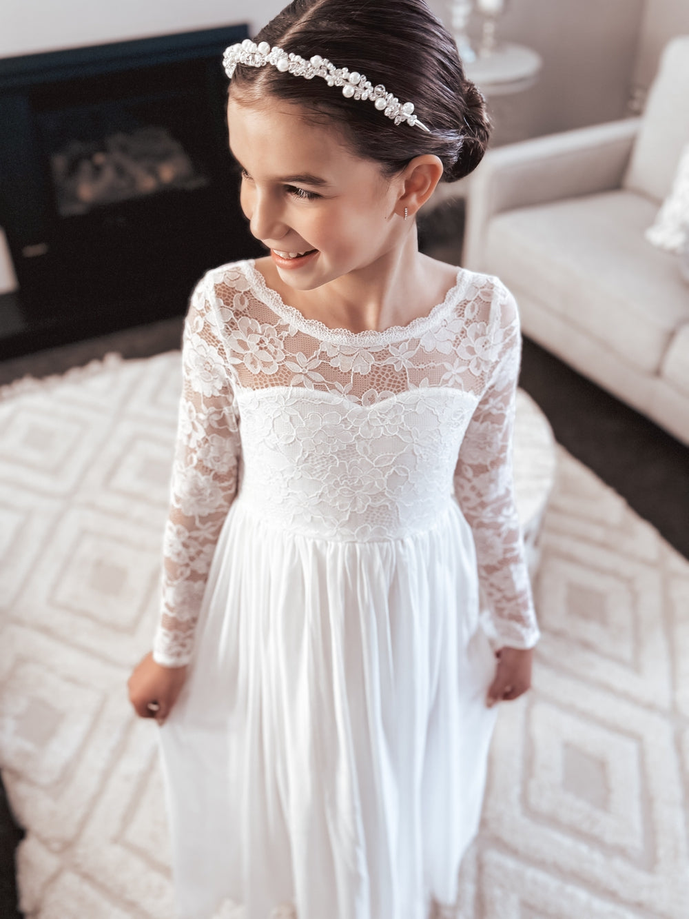 Floral Dress Full Length Dress With Sleeves Hailey Girls White Long Sleeve Dress Communion, Confirmation Flower Girl Dress A Little Lacey Floral Dress Full Length Dress With Sleeves Hailey Girls White Long Sleeve Dress Communion, Confirmation Flower Girl Dress A Little Lacey